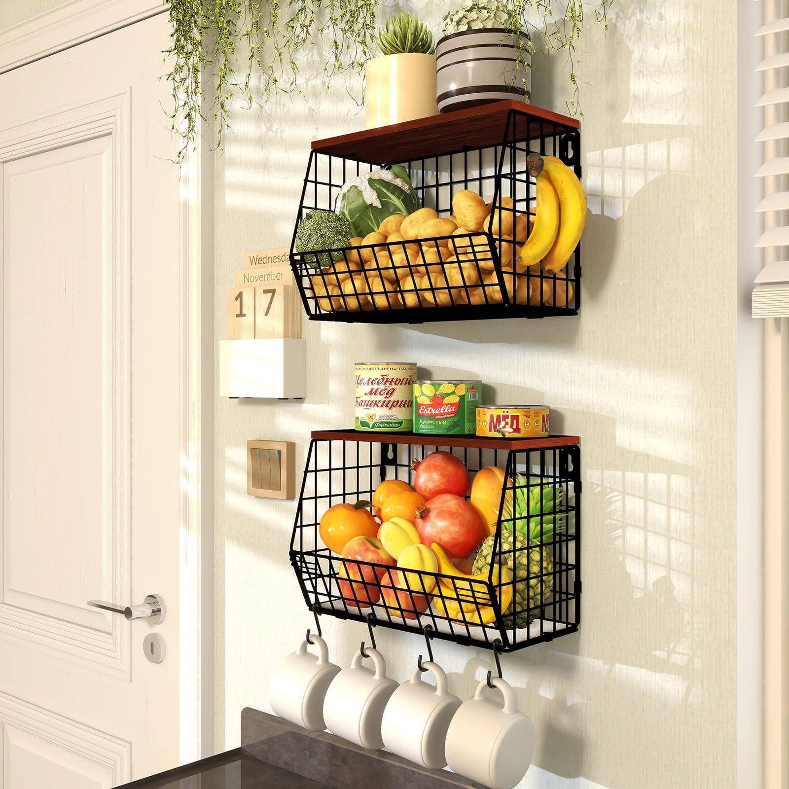 Mefirt Fruit Basket, Stackable Wall Mounted Fruit Baskets, Potato Basket  Onion Storage for Kitchen, Hanging Wire Basket with Wood Lid, 2-Tier