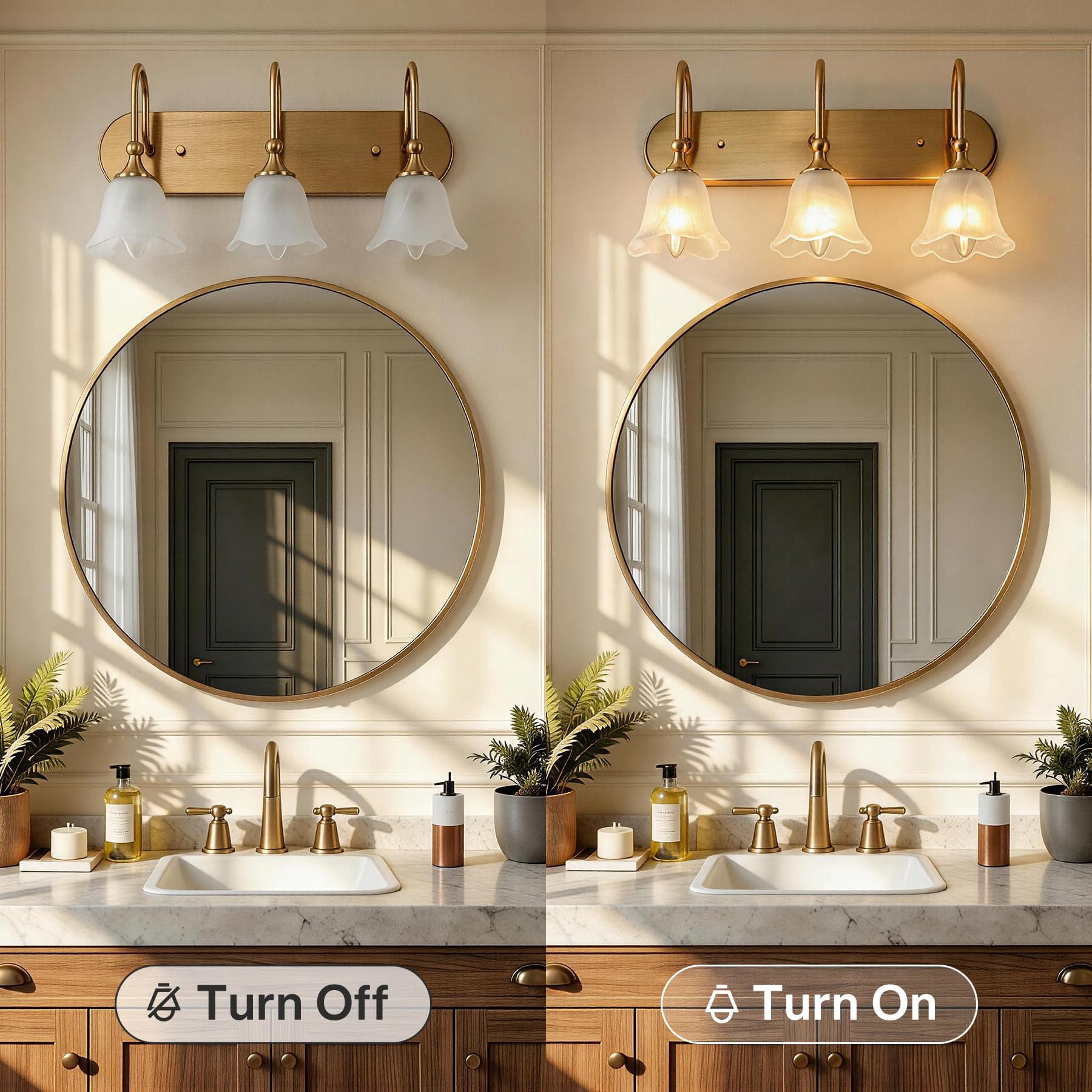 Fnova 3-Light Gold Bathroom Light Fixtures, Modern Wall Lights with Petal-shaped Glass Shades, Wall Sconce Lamp for Mirror Bedroom (E12 Base)