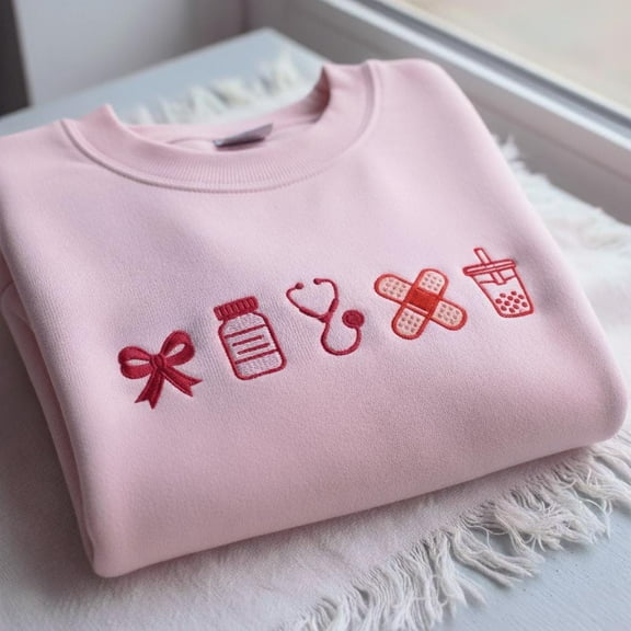 Embroidered Nurse Lovers Sweatshirt, Kawaii Medical Crewneck, Nurse Gift for Women, Stethoscope Bandage Bubble Tea Aesthetic Shirt