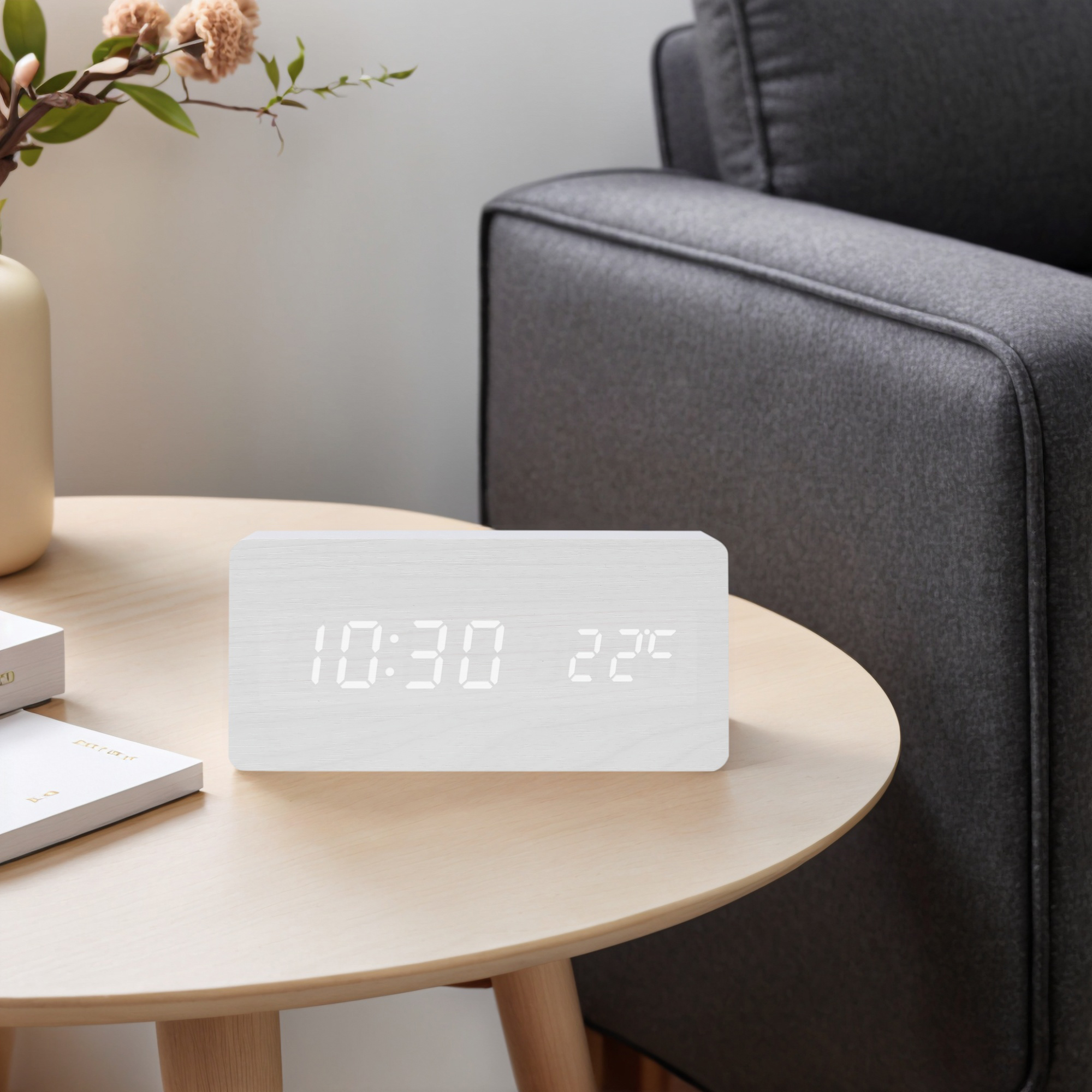 Unique Bargains Night Mode Wood Grain Design LED Alarm Clock White 5.6"L x 1.6"W x 3.0"H