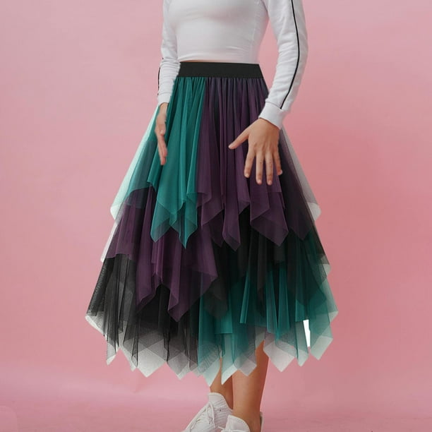 Faldas De Tul Para Mujer, Vestido Largo De Malla En Capas, Falda Tutú De  Cintura Elástica, Color Violeta Y Verde