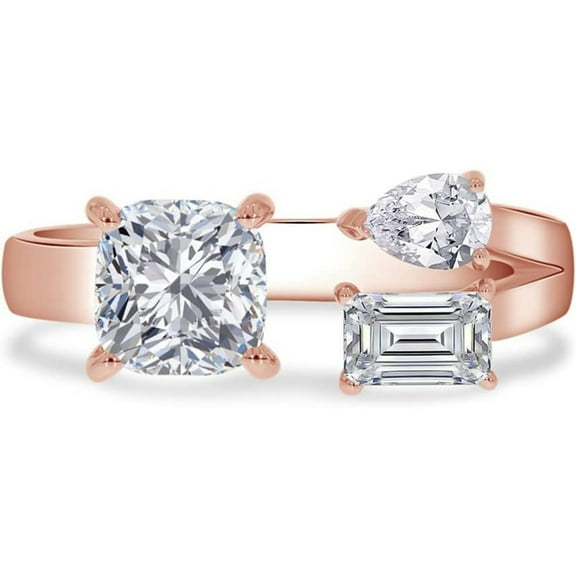 925 Sterling Silver 14K Rose Gold Plating Cushion, Pear & Emerald Shape White Diamond Toi Et Moi Engagement Wedding Ring For Women