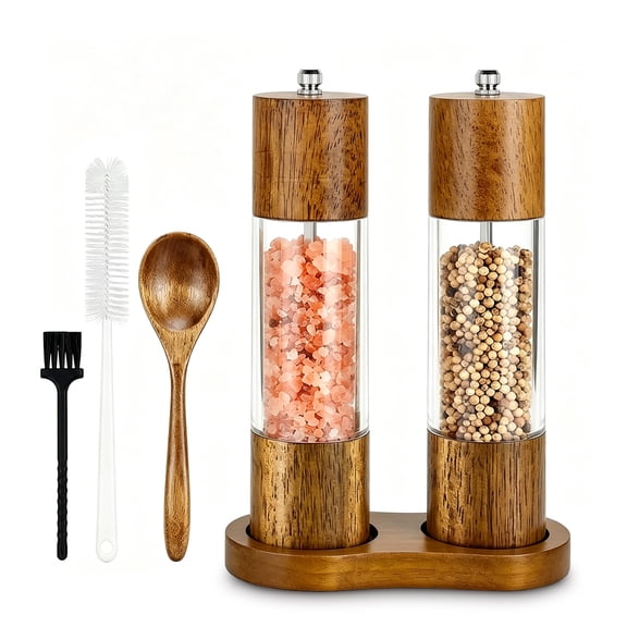 8-Inch Wooden Salt & Pepper Grinder Set, 2-Piece Manual Mills with Adjustable Ceramic Core and Stand