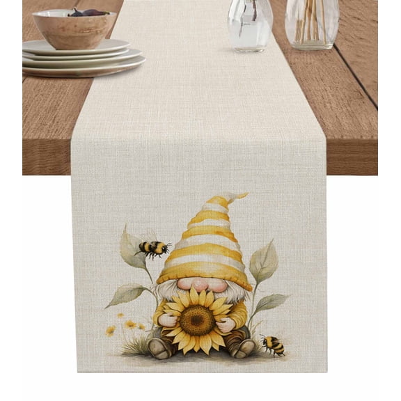 Hokiten Table Runners 48 Inches Long Dress Scarves, Sunflower Retro Farmhouse Kitchen/Dining Table Runner, Short Coffee Tablerunners, Yellow Gnomes Bee Beige Vintage Art 13x48 Inch
