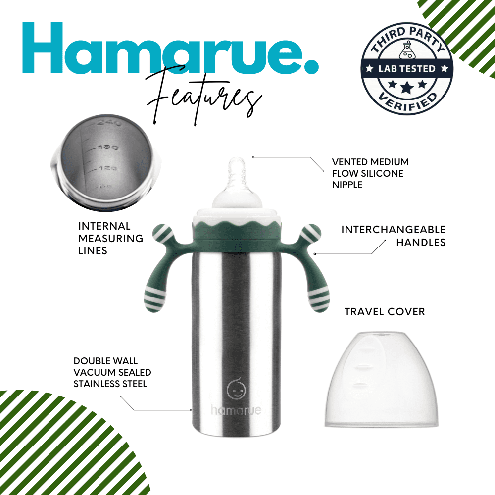 Hamarue Deluxe 3-in-1 Stainless Steel Sippy Cups for Babies & Toddlers | Non-Toxic Insulated Baby Bottle | BPA-Free | Ages 3M+ | Evolving Feeding Solution