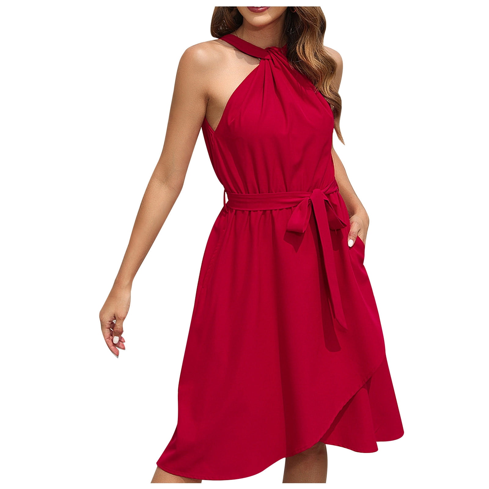 Yuyuzo Cocktail Dress for Women Sleeveless Pleated Mini Dress Warp Hem Flowy  Short Dress with Belt - Walmart.ca