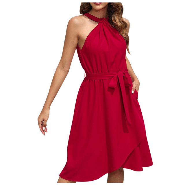 Yuyuzo Robe Cocktail pour Femmes Sans Manches Plissée Mini-Robe Ourlet en Chaîne Robe Courte Fluide avec Ceinture