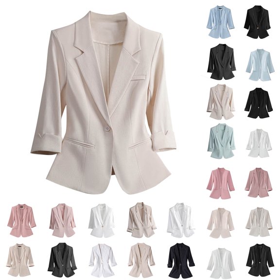 BiZtdJrK Womens Oversized Business Casual Blazers Solid Color 3/4 Length Sleeve Work Cardigans Single Button Lapel Suit Jackets Black XXL Gifts for Girls