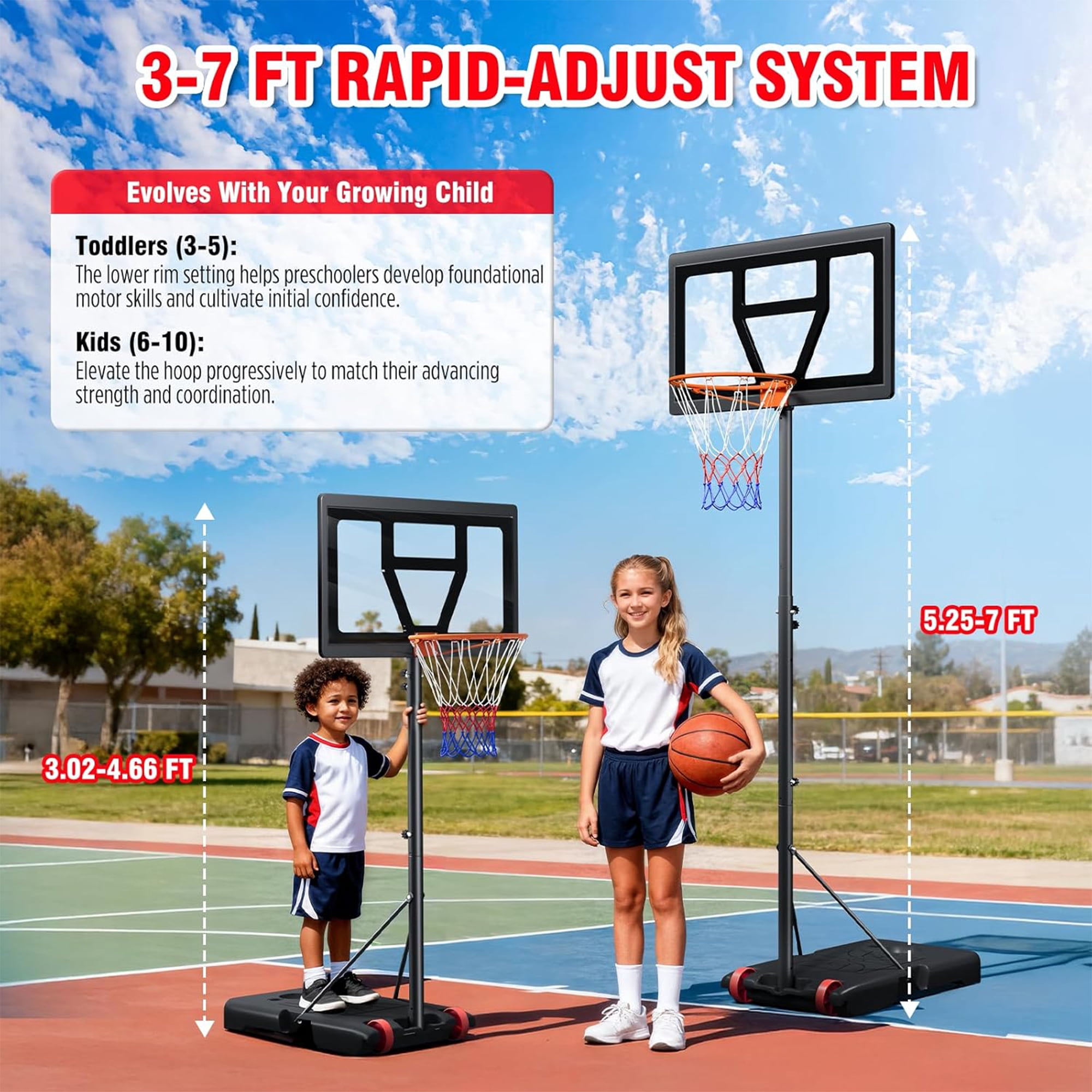 Toremore 29In. Portable Basketball Hoop, Outdoor 3-7 FT Height Adjustable Basketball Goal System with Shatterproof Backboard for Kids Youth Teens in Backyard/Driveway/Indoor