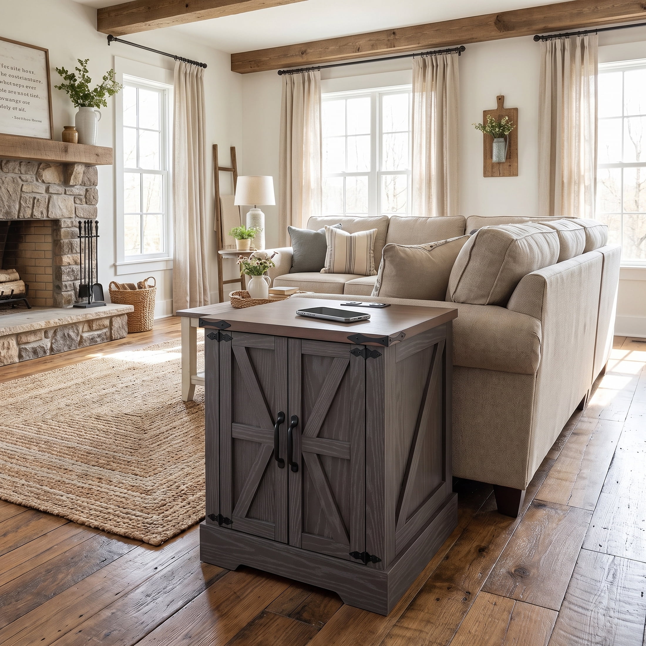 Homy Casa Farmhouse End Table with Charging Station, Cabinet and Adjustable Shelf, Dark Gray