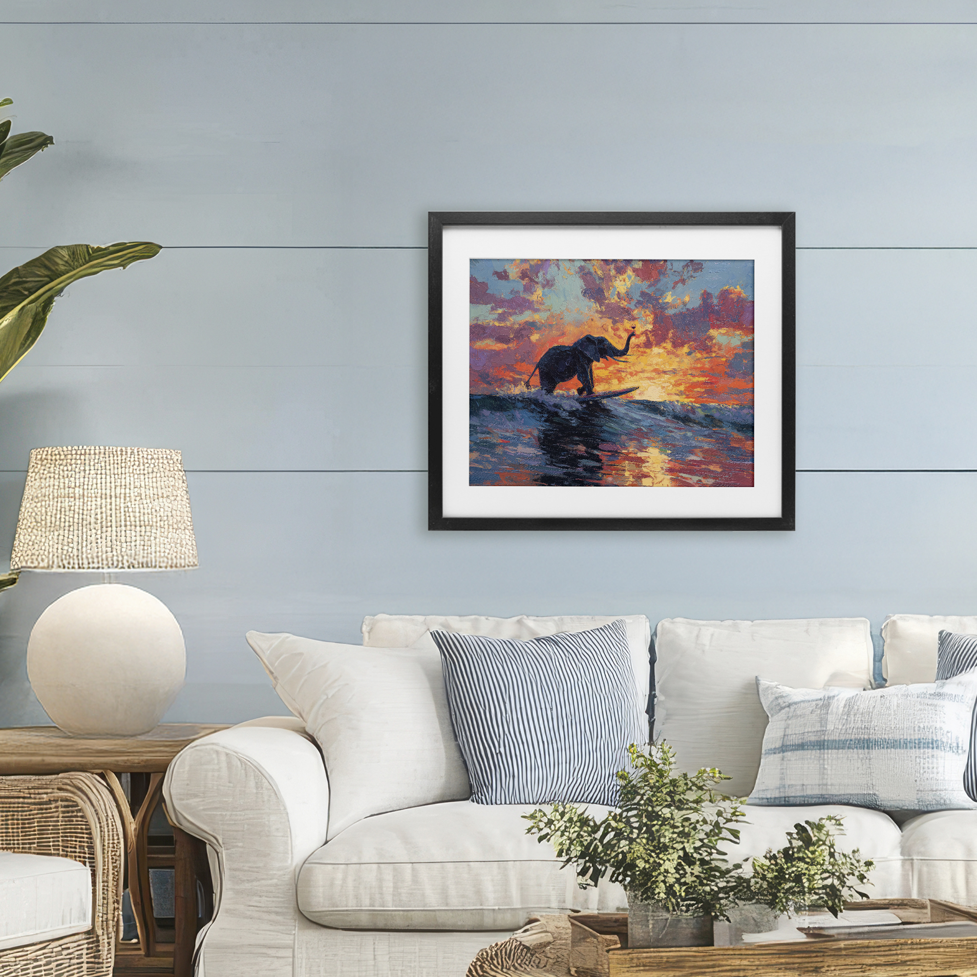Sunset Surf Elephant Black Framed Print Under Glass, design by Ziwei Li