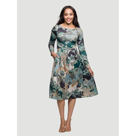 Womens Paisley Long Sleeve Midi Pocket Dress