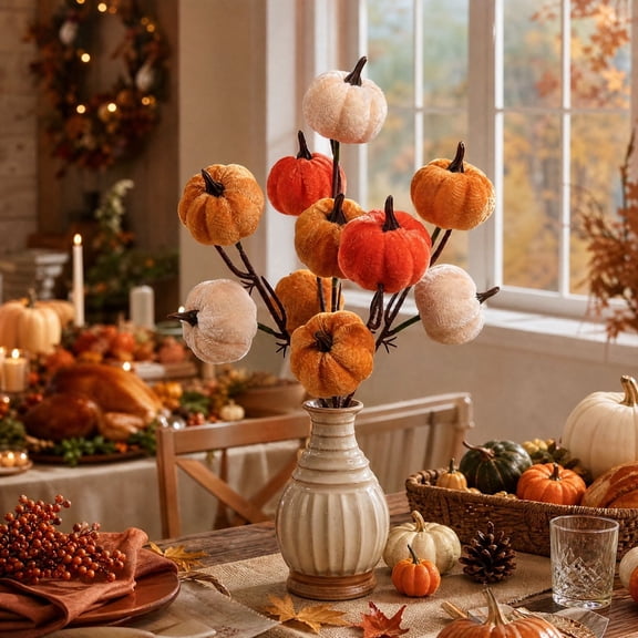 Artificial Pumpkin Stem,Velvet Fall Flower Picks Pumpkin Stem,Faux Fall Pumpkin Branche for Harvest Festival Table Centerpiece Thanksgiving Home Halloween Decoration