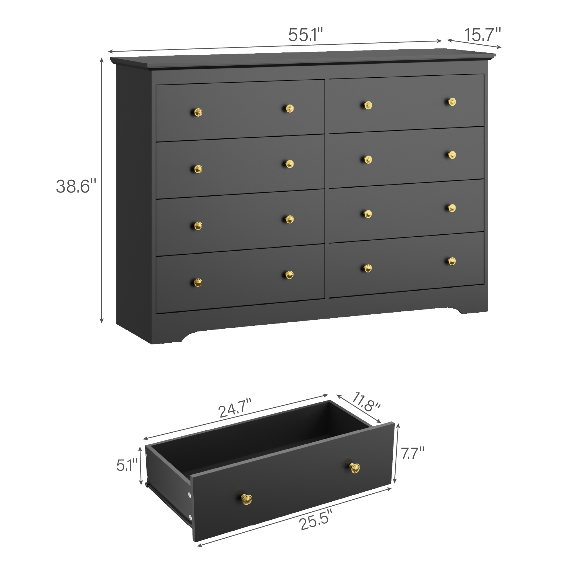 YouTrend 55.1" Wide Dresser for Bedroom, 8 Drawer Dresser with Large Drawers, Dresser for TVs Up to 65",Black