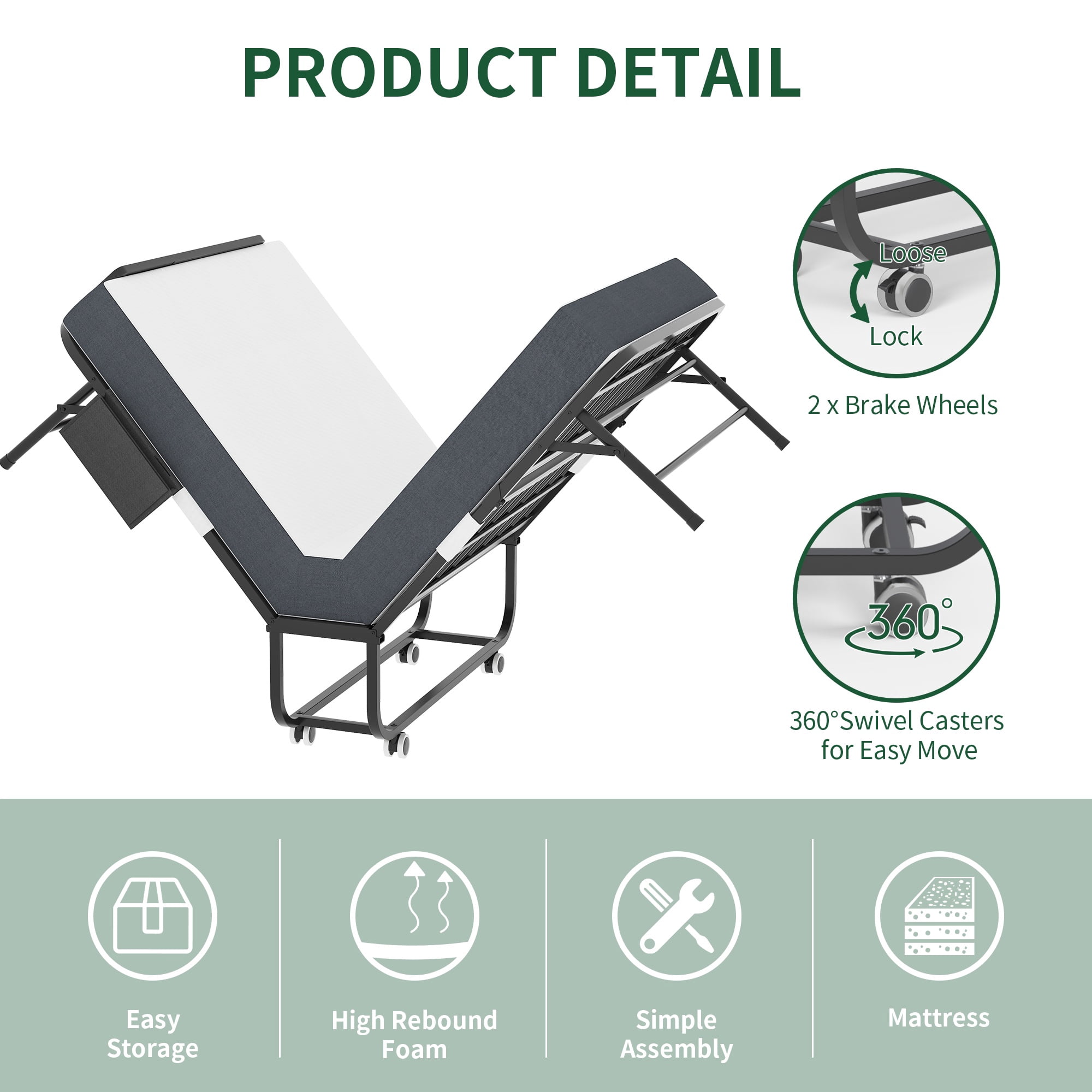PORKISS Folding Bed with Mattress and Headboard for Adults, Rollaway Guest Bed with 5" Memory Foam Mattress, Portable Foldable Bed with Locking Wheels, Space Saving Bed, 74.8"x 30.7" + Headboard