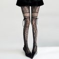 thumbnail image 2 of Women Hollow Out Lace Bow Tie Fishnet Tights, Y2K Millennium Style Floral Mesh Pantyhose, Vintage Japanese Cute Strap Lace Up Sheer Hosiery for Daily Outfits Party Wear(Black), 2 of 5