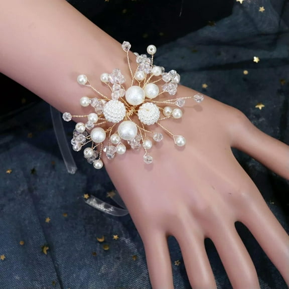 HOOUN M Bridesmaid Wrist Corsage for Prom Silk Flower Band Pearl Bracelet