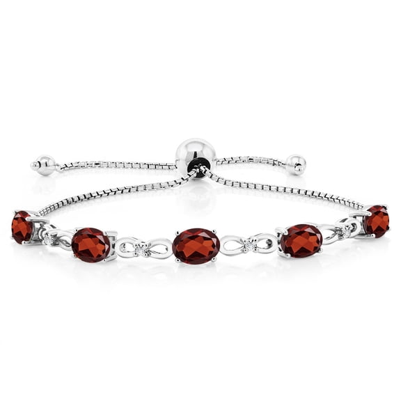 Gem Stone King 925 Sterling Silver Red Garnet and White Lab Grown Diamond Tennis Bracelet for Women (4.37 Cttw, Gemstone January Birthstone, Oval 7x5MM, Fully Adjustable up to 9 inch)