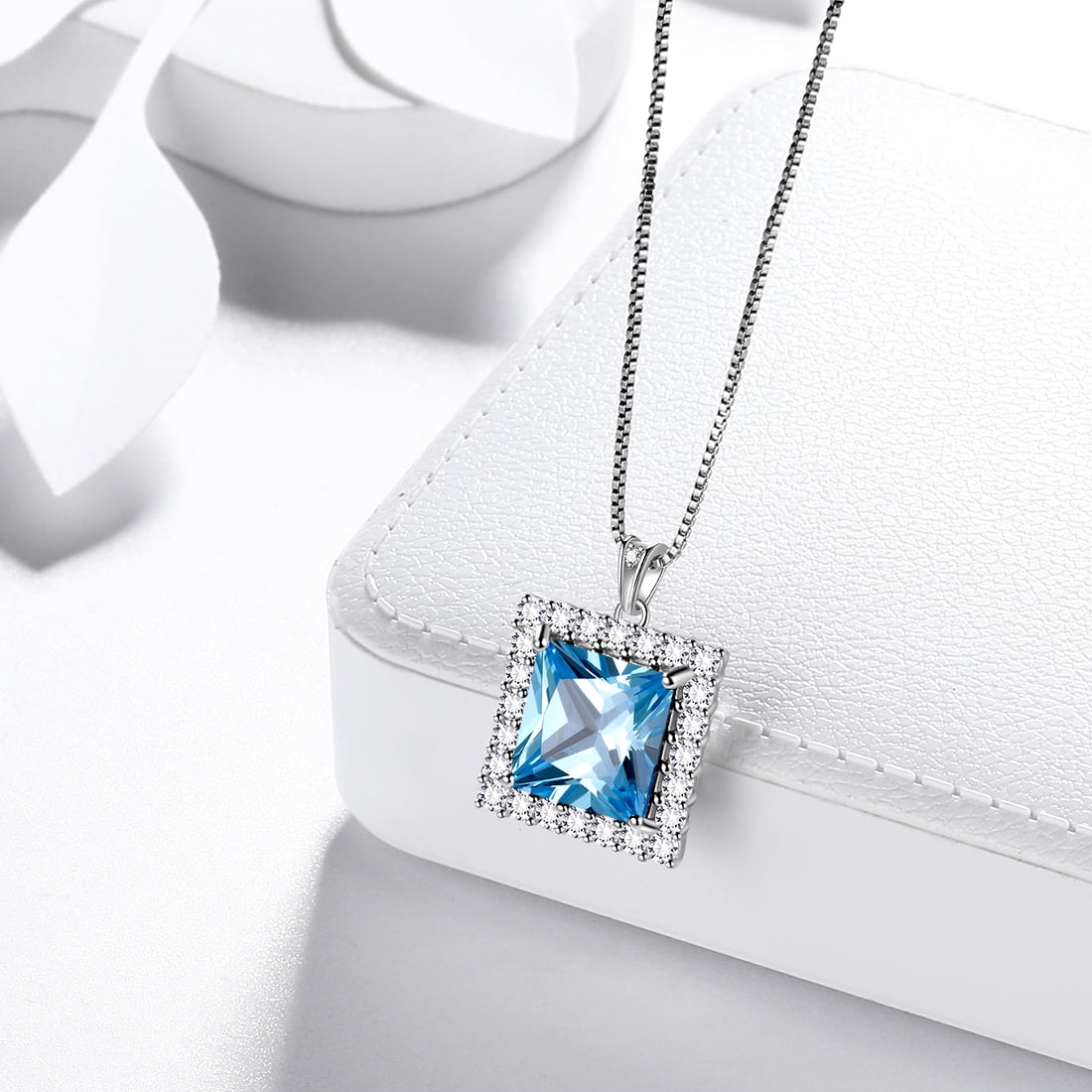 6 Carat March Birthstone Necklace Aquamarine Pendant Princess Cut Blue CZ 925 Sterling Silver Jewelry Women Birthday Xmas Mother's Day Gifts Juwaliy