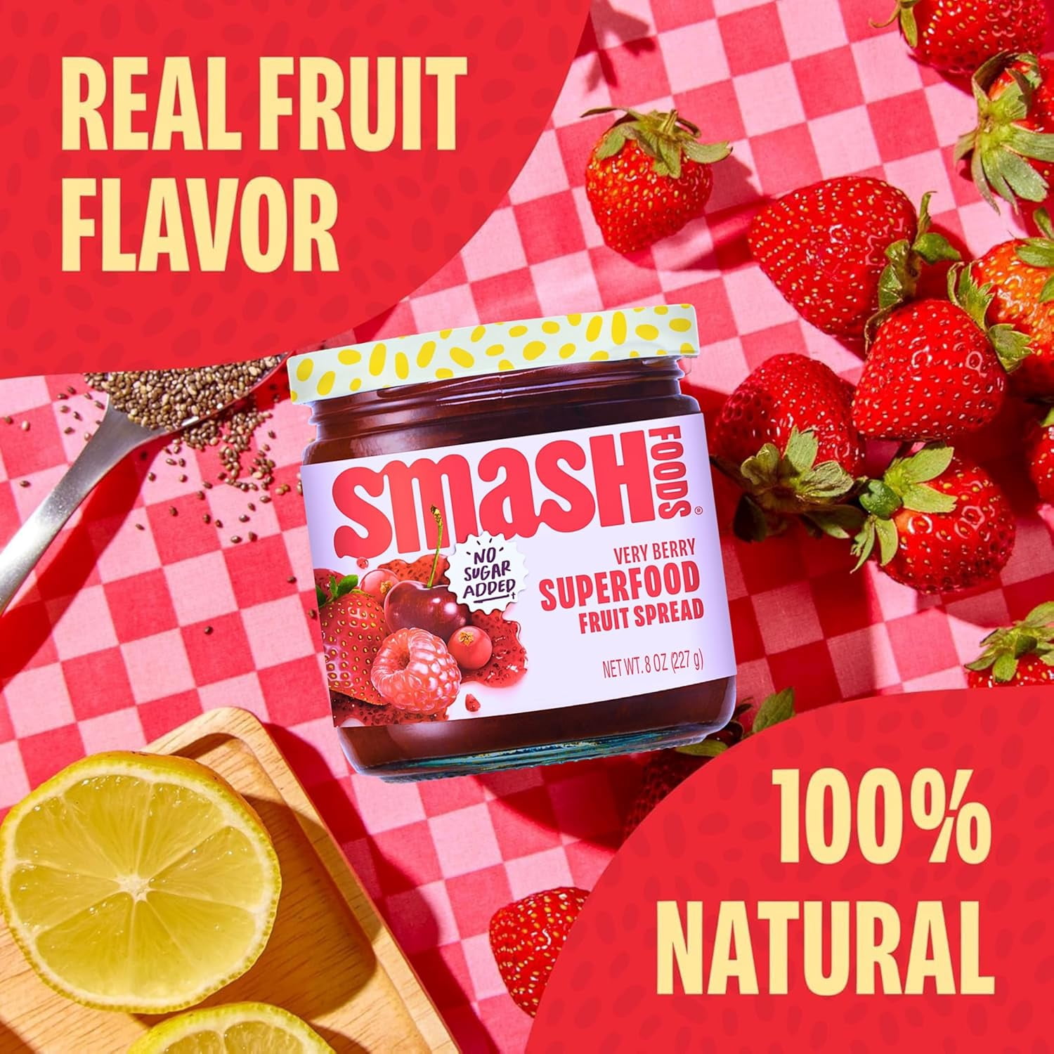 Smash Foods, Very Berry Superfood Jam, No Sugar Added, Low-Calorie, Vegan (1 Jar) 8oz