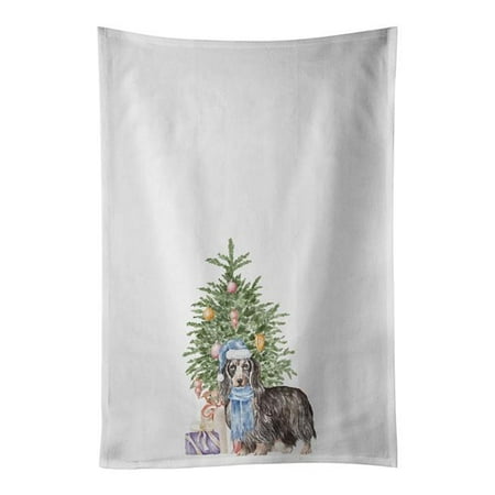 

Carolines Treasures CK8203WTKT 28 x 19 in. Unisex Dachshund Longhair Black & Tan Christmas Presents & Tree White Dish Towels Kitchen Towel - Set of 2