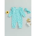 thumbnail image 2 of Infant Baby Girls Jumpsuits Set Floral Print Button Long Sleeves Romper and Headband, 2 of 7
