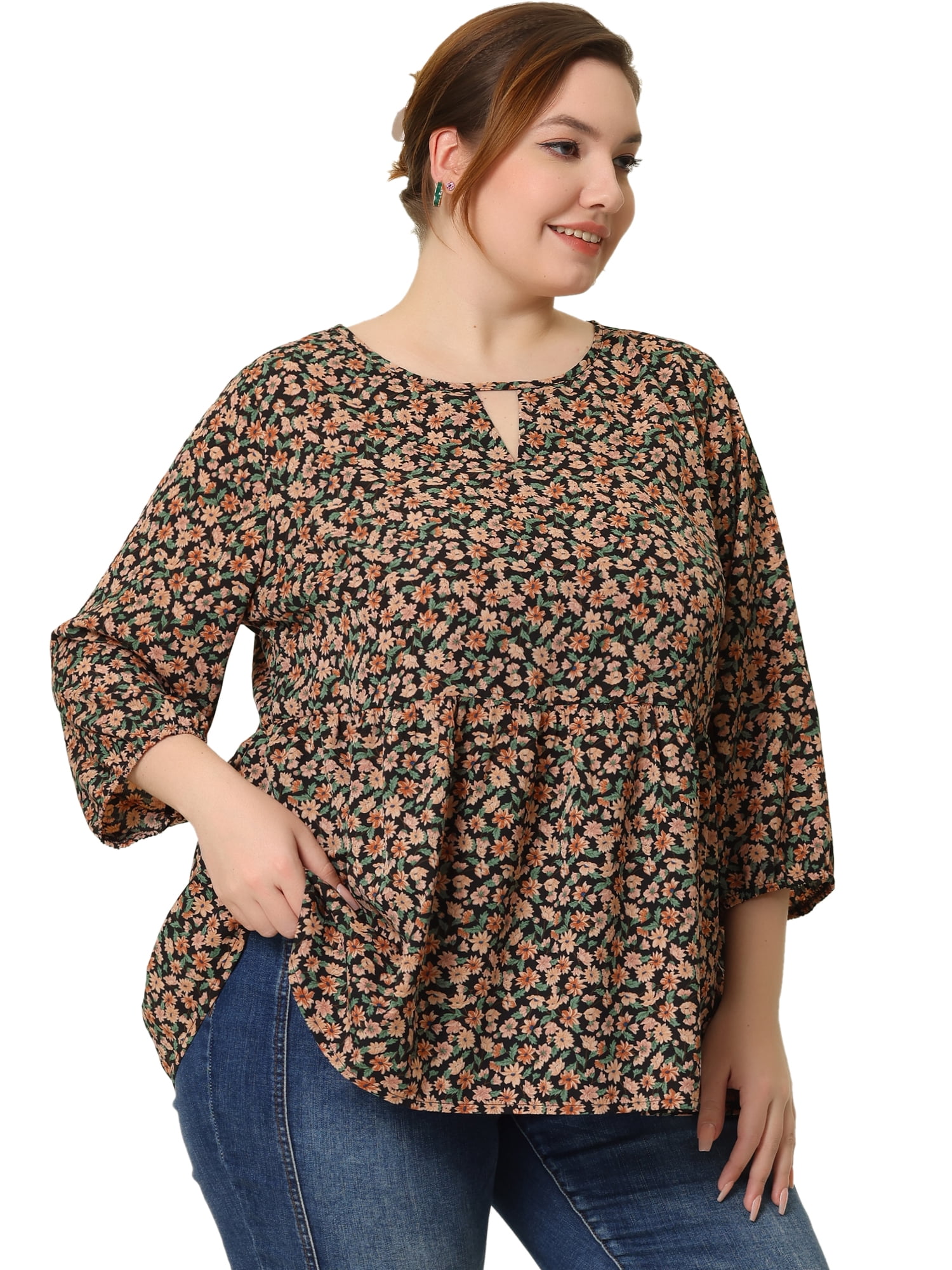 Unique Bargains Women's Plus Size 3/4 Sleeves Chiffon Keyhole Floral Tops 4X Black Beige