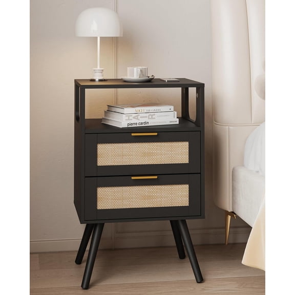 Rattan Nightstand,Farmhouse Bedside Table with 2 Storage Drawer and Open Wood Shelf, for Bedroom and Small Spaces,Night Stand with Solid Wood Legs