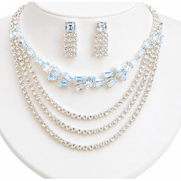 AlKhalil - Elegant Silver Crystal Layered Necklace and Earrings Set – Sparkling Rhinestone Design for Women, Formal and Party Jewelry