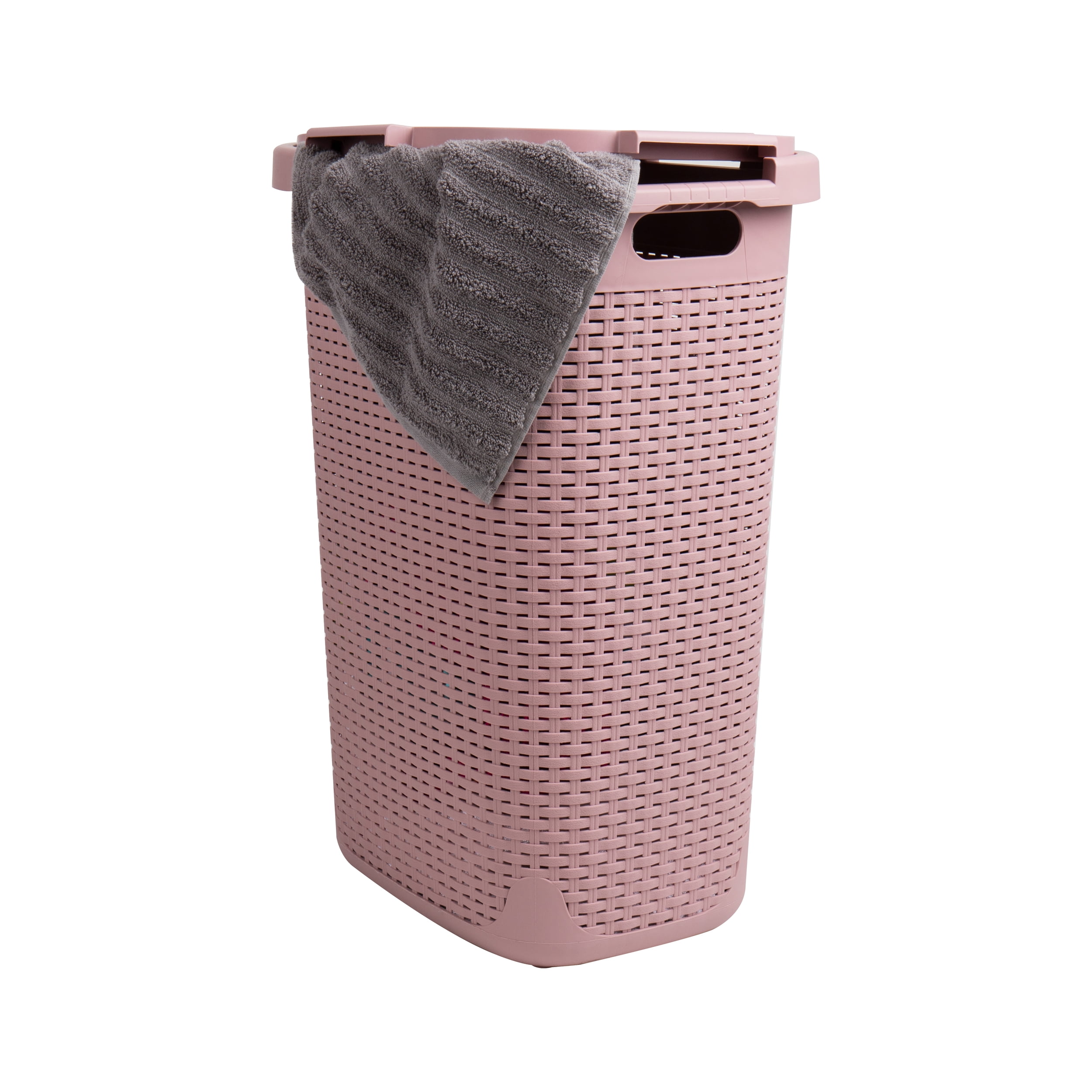 Mind Reader 60L Slim Laundry Hamper, Clothes Basket, Lid, Wicker Style, Plastic, 17.65"L x 13.75"W x 24.15"H, Set of 2, Pink