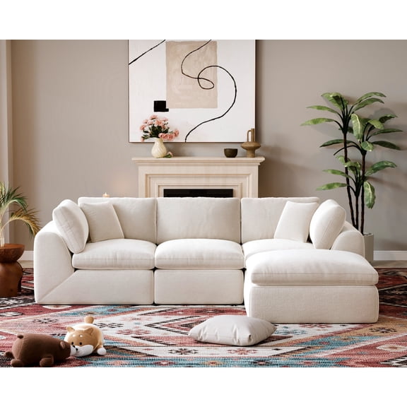 4-Seat L-Shape Modular Sectional Sofa with Ottoman, Boneless Cloud Design, No-Assembly Living Room Couch, 110" Wide, White