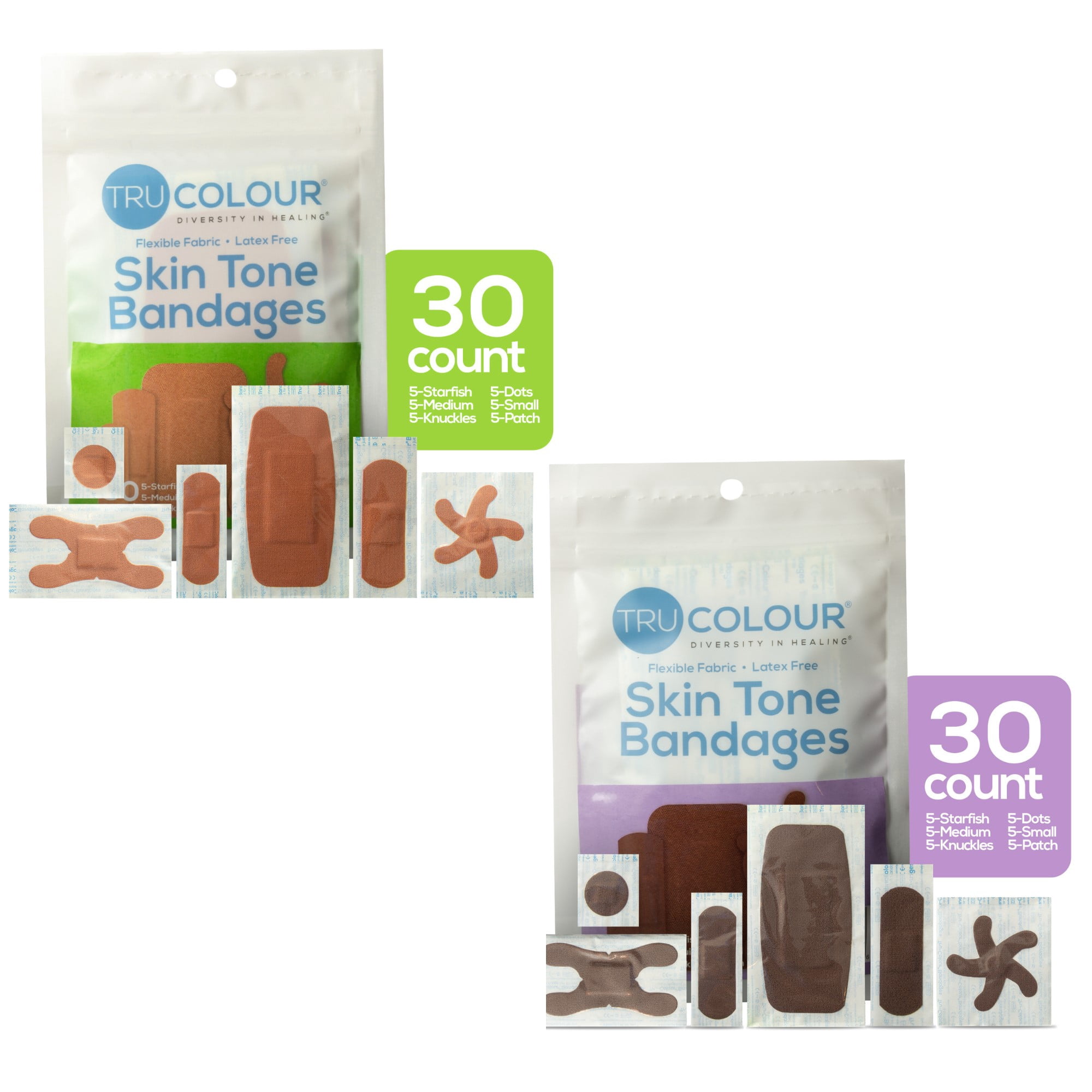 Tru-Colour Skin Tone Bandages Variety Pack, Flexible Fabric Adhesive Strips, 4 Pack