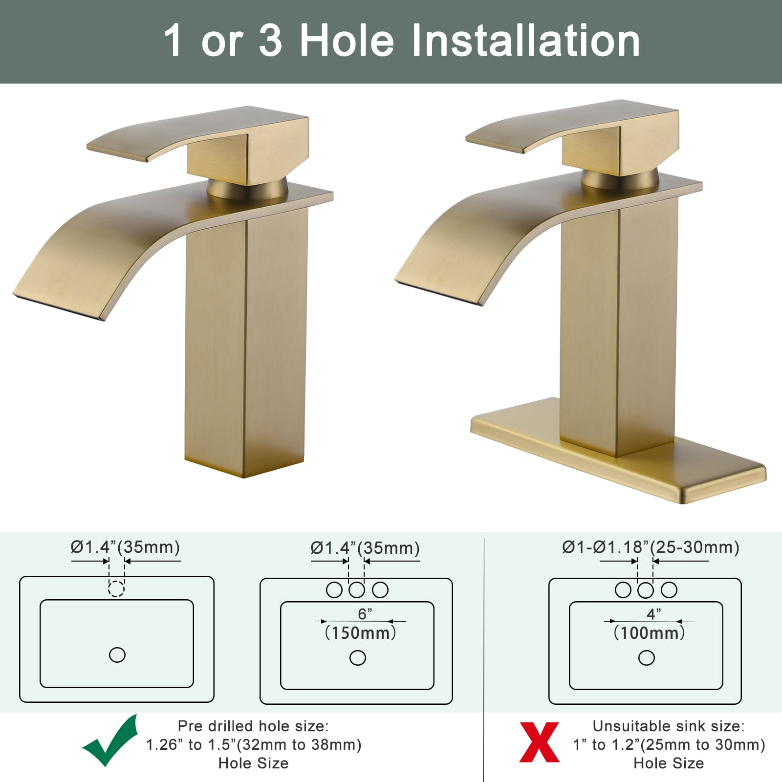 Wowow Waterfall Bathroom Faucet Gold Faucet for Bathroom Sink Single Handle Mixer Tap Lavatory Vanity Faucet with Deck Plate and Pop Up Drain, 1 or 3 Hole