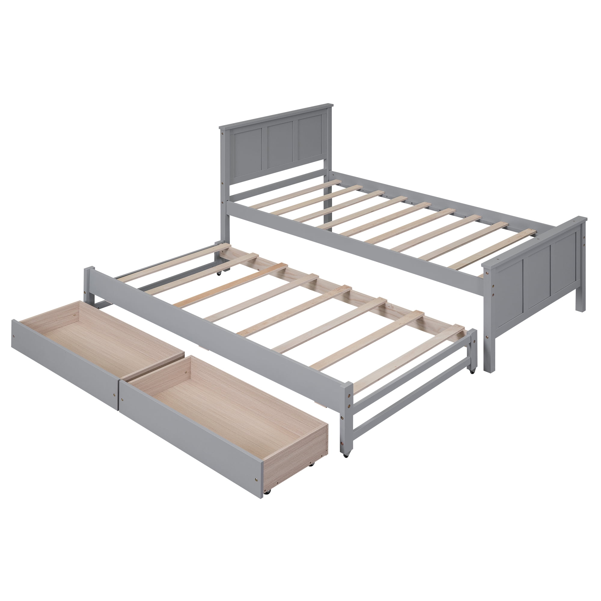 Euroco Twin Size Platform Bed with Trundle and Drawers, Gray