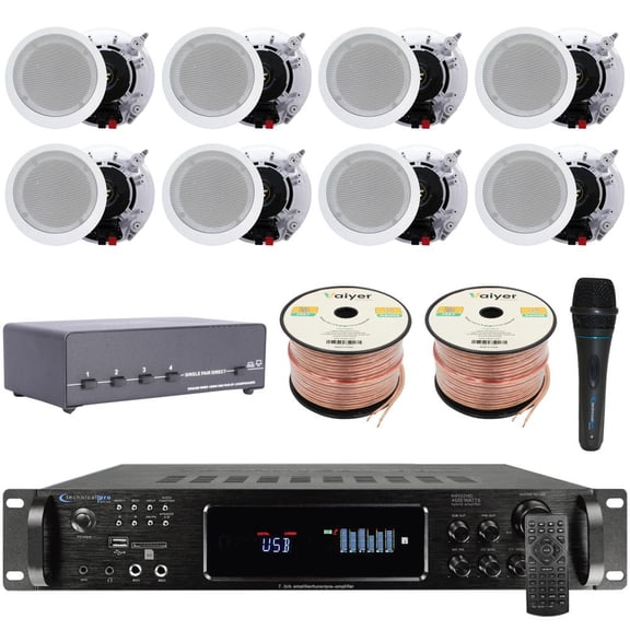 Home Theater System Kit by Vaiyer - 7.2 Channel 4500 Watts Bluetooth Amplifier w/ 8 QTY of 5.25" Framed Ceiling Speakers 175W Each, 4-Ch Speaker Selector, Mic, 16 AWG 500 ft Speaker Wire & Remote