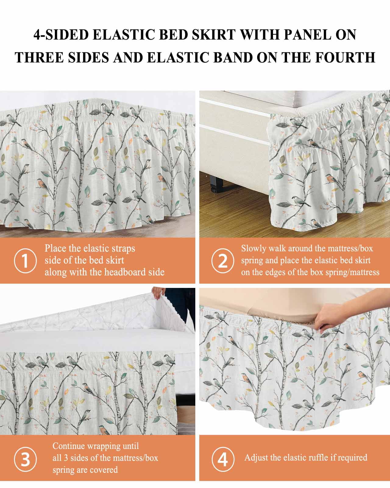 Vintage Botanical Wrap Around Bed Skirts for Queen Bed 16" Drop, Bed Skirt with Adjustable Elastic Belt Dust Ruffle Bed Valance for Bedroom Hotel Luxury Birds Branch Watercolor Leaf Bed Frame Cover