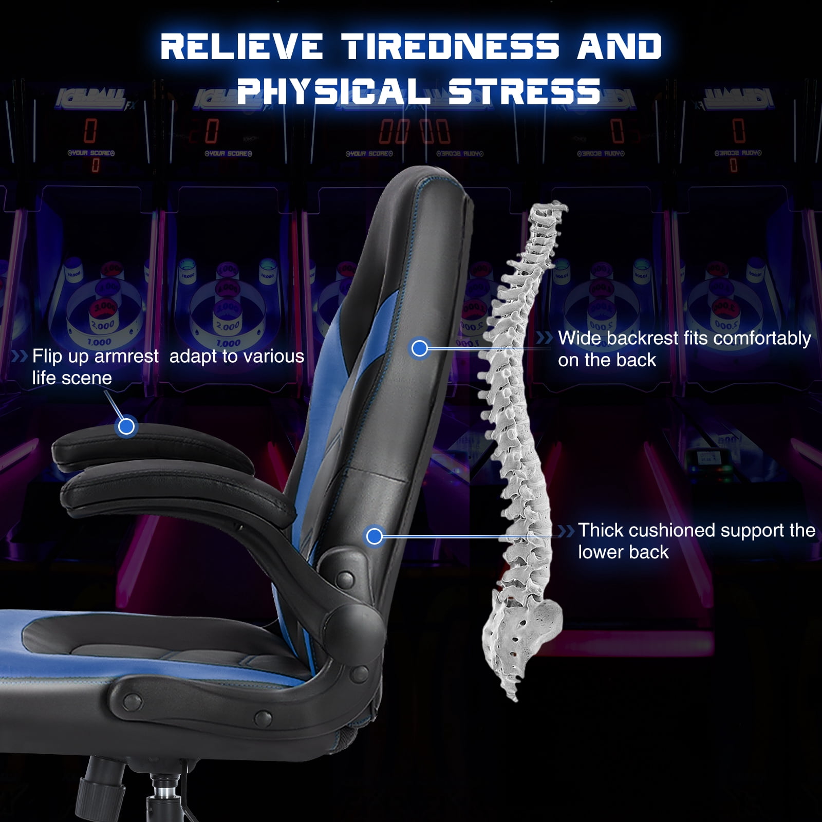 Mayoume Computer Gaming Chair - Ergonomic PU Leather Desk Chair with Comfy Lumbar Support, Height Adjustable 360° Rolling with Flip-up Armrest, for Home and Office, Adults
