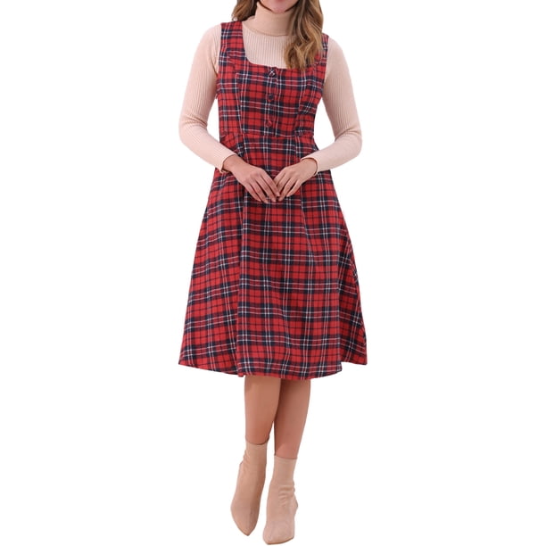 Vestido Vintage a Cuadros Sin Mangas de Mujer Inspire Chic, Cintura Alta, Corte A, Midi, Pinafore, Rojo M