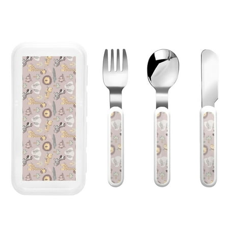 

Cauagu Safari Animals Print 3-Pieces Toddler Cutlery Set Kids Silverware Set with Spoons Forks & Knife Stainless Steel Utensils for Kids Dishwasher Safe