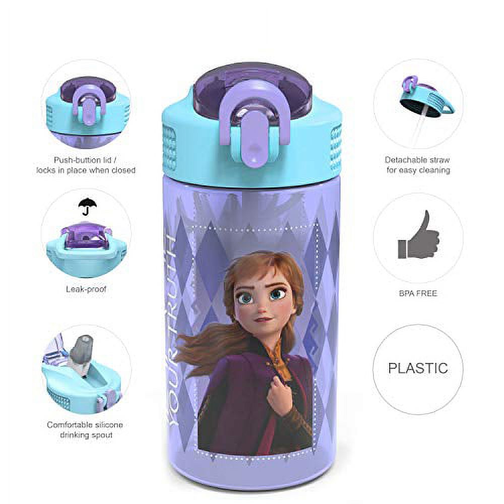 Zak Designs Disney Frozen 2 Kids Water Bottle Set with Reusable Straws and Built in Carrying Loops Made of Plastic Leak Proof Water Bottle Designs Elsa Anna 16 oz BPA Free 2pc Set - image 3 of 3