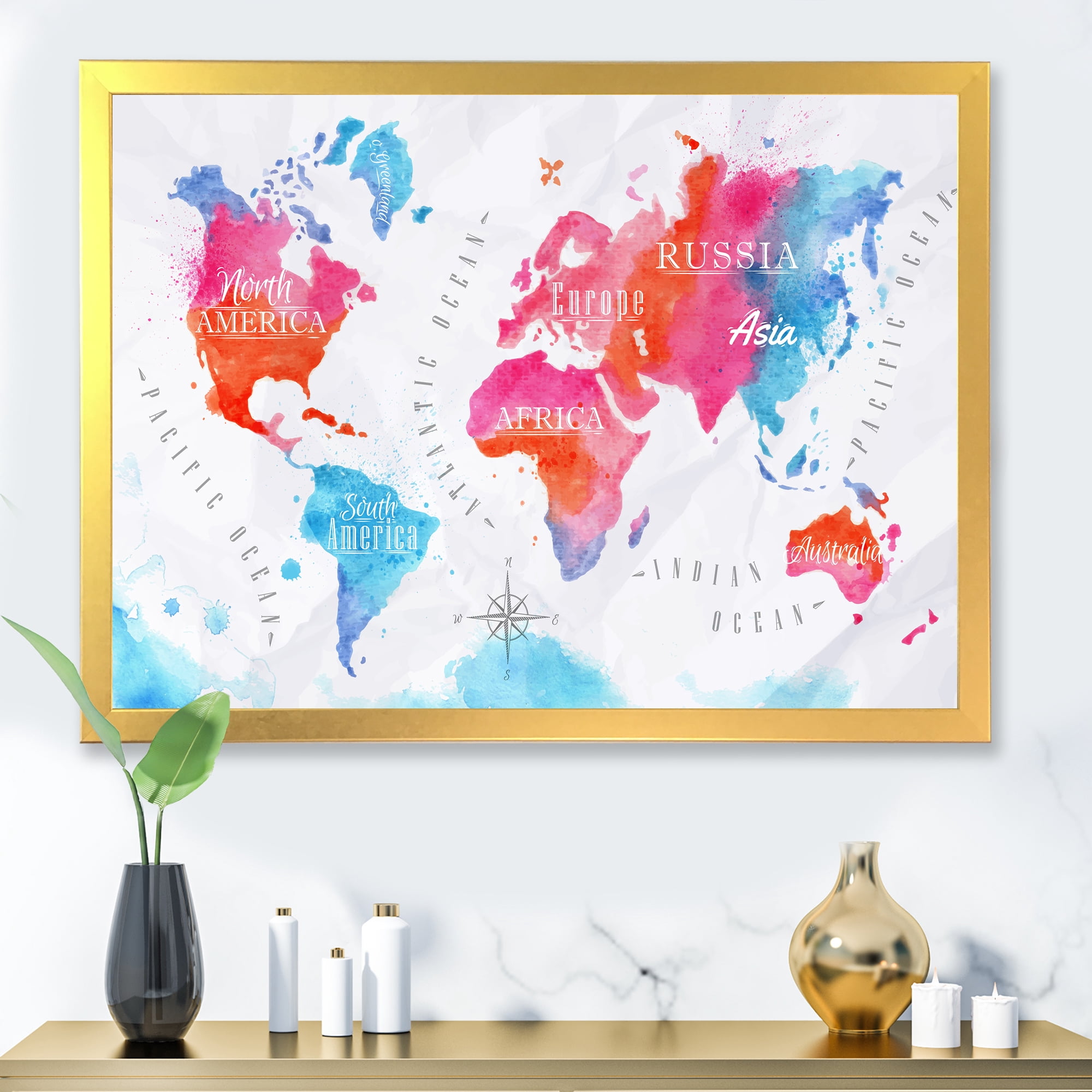 Designart 'World Map In Blue and Pink' Modern Framed Art Print