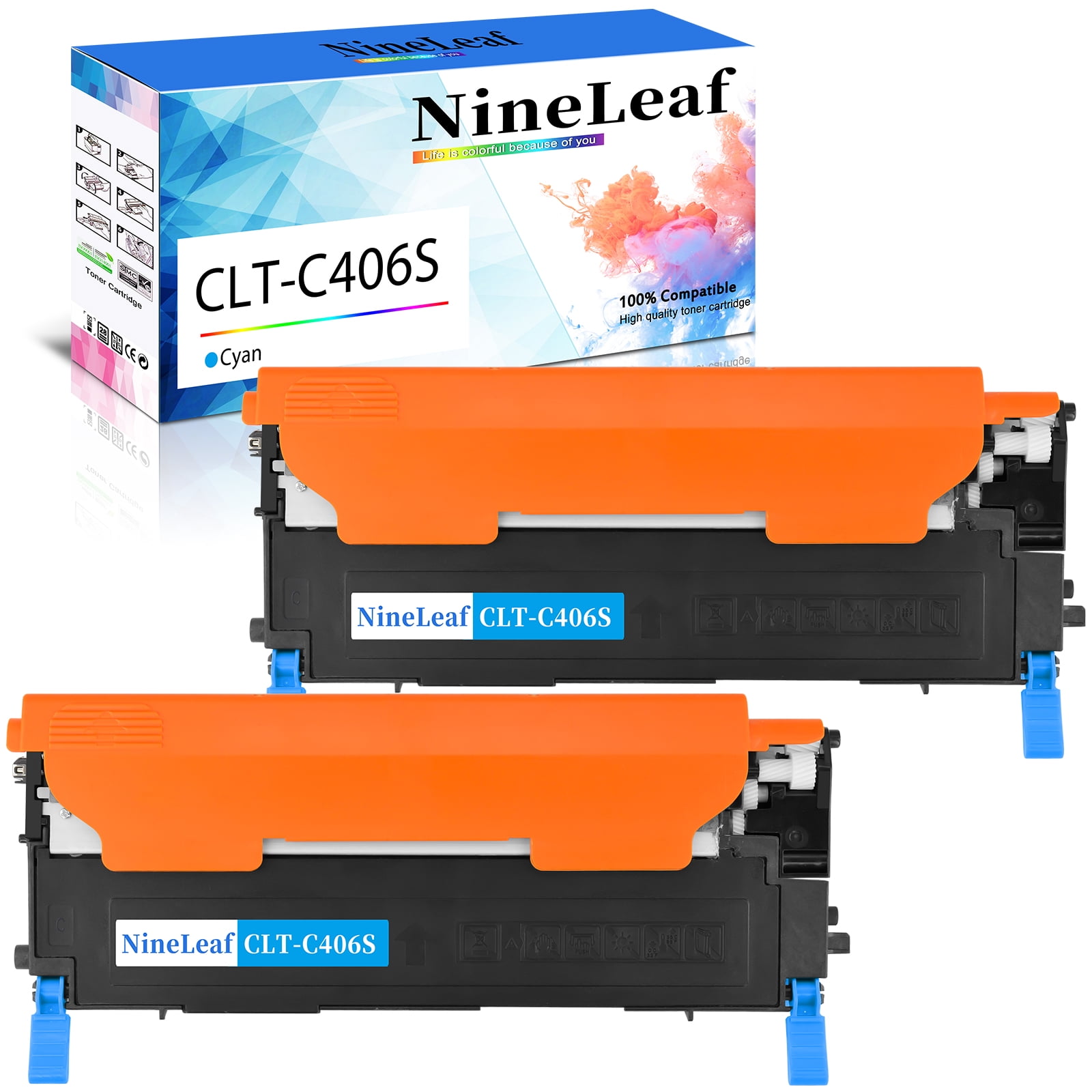 NineLeaf Compatible Toner Cartridge Replacement for Samsung CLT-C406S CLTC406S Work on CLP-360 CLP-365 CLX-3300 SL-C410W Xpress C460FW C460W C410W CLX-3305 Printer (2 Pack Cyan)