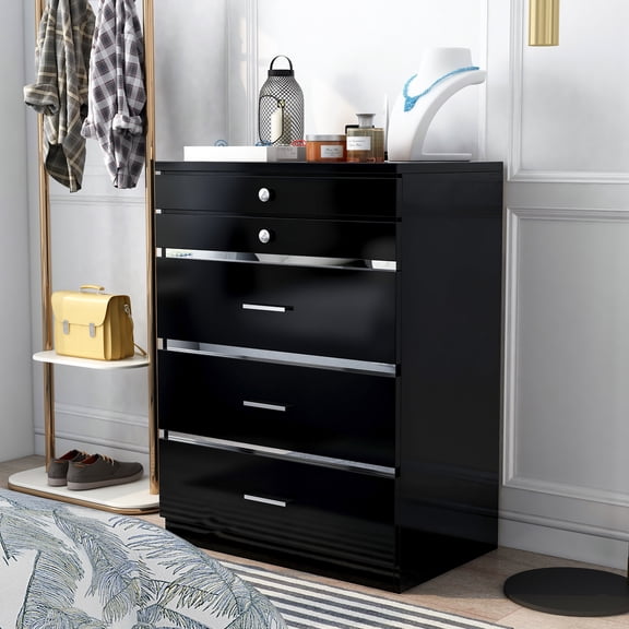 Furniture of America Hillcrest Glam 5-Drawer Wood Adult Vanity Vertical Dresser, Black