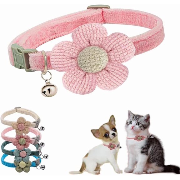 Small Cat Collar with Bell,1/2 Pack Small Dog Collar with Bells Flower Suede Girl Cute Fancy Puppy Collar with Bells for XXS XS Tiny Little Kitten Pet Female Dogs,Neck 8-12 Inch