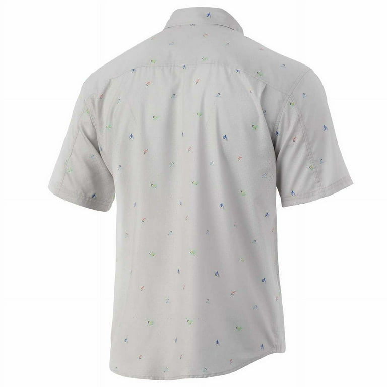 HUK mens Teaser Short Sleeve  Fishing +UPF Button Down Shirt, Fly Hooks -  Oyster, Medium US 