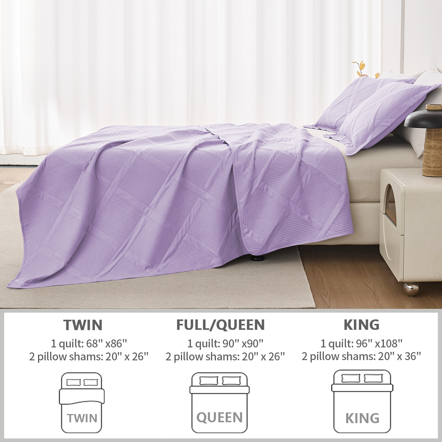 Beartech Solid Color Quilt Set Queen/Full Size Light Purple Bedspread Coverlet Microfiber Bedding Lightweight Reversible Set,Soft Bedding for All Seasons