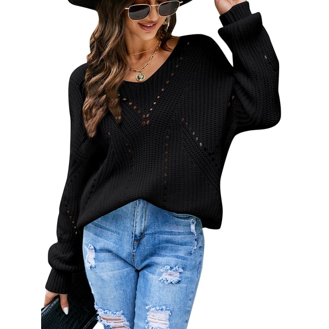Camiseta mujer, Suéteres de punto para mujer Cuello en V Ahueca hacia fuera Suéteres de punto casual Abody Negro/Grande