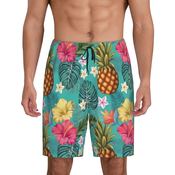 Balery Pineapple Pantalones cortos de pijama de punto de algodón para hombre con cinturilla y bolsillos-Small