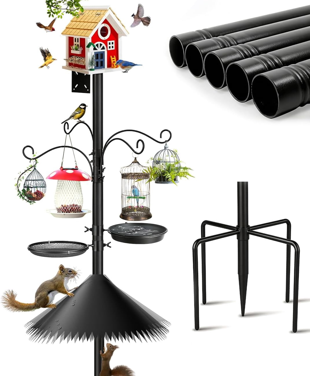Bird Feeder Pole, Heavy Duty Birdhouse Pole with Spiked Baffle & 2 Tray, Adjustable Wild Bird Feeding Station Hanging Pole for Outdoors, Yard, Garden Decor (Without Birdhouse)