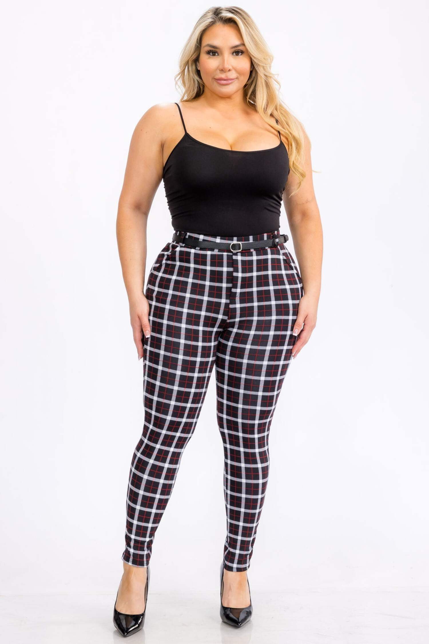 Plus Size Sculpting Treggings with Faux Leather Belt - Black, White, Red Plaid